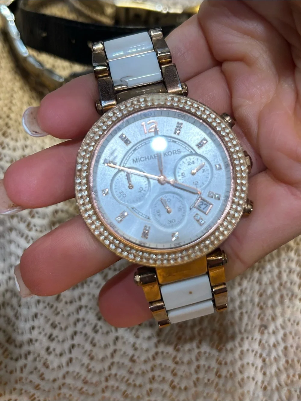 Michael Kors White and Gold Ceramic-Link Crystal Bezel Watch